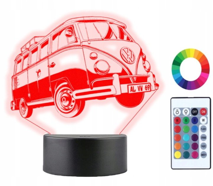 Lampka Nocna 3D Led Volkswagen T1 Imię Grawer