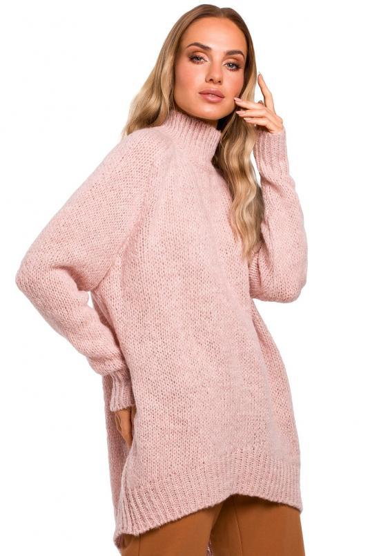Sweter damski oversize asymetryczny sweter z wełną pudrowy róż