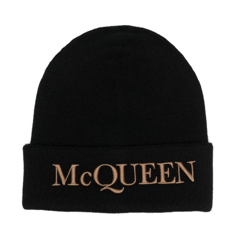 Czarna czapka z haftowanym logo Alexander McQueen