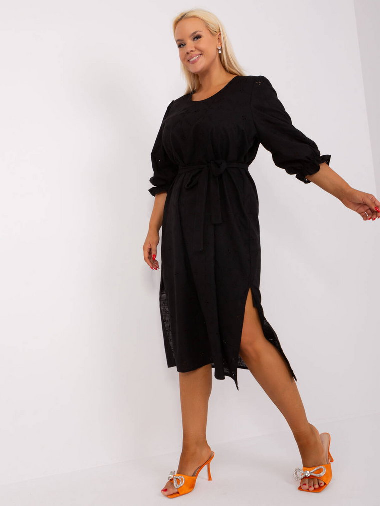 Sukienka plus size czarny codzienna dekolt okrągły rękaw 3/4 długość midi pasek z podszewką