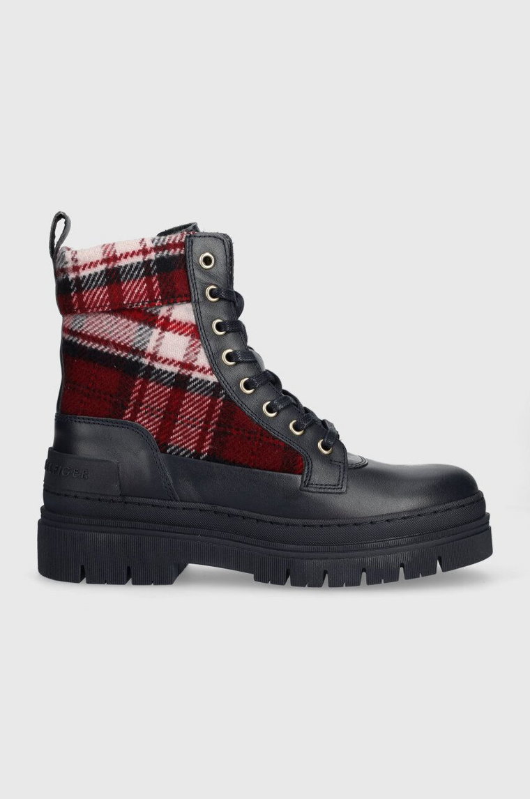 Tommy Hilfiger botki FEMININE TARTAN LACE UP BOOTIE damskie kolor granatowy na płaskim obcasie FW0FW07670