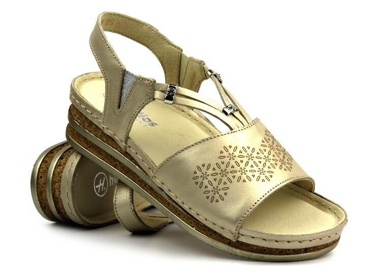 Skórzane sandały damskie na delikatnym koturnie - HELIOS Komfort 125, złote