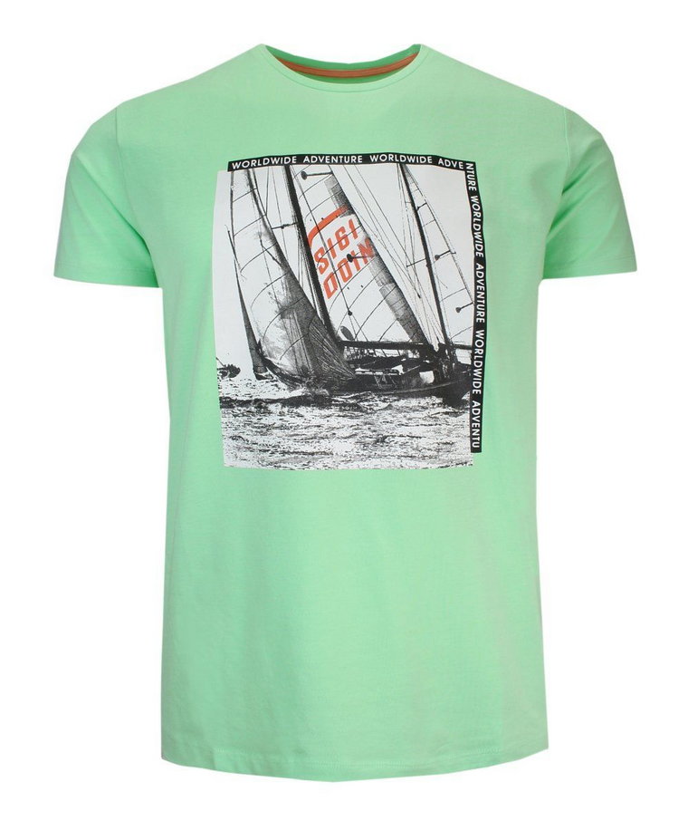 T-Shirt Męski Zielony z Nadrukiem w Żaglówkę, Koszulka, Krótki Rękaw, U-neck