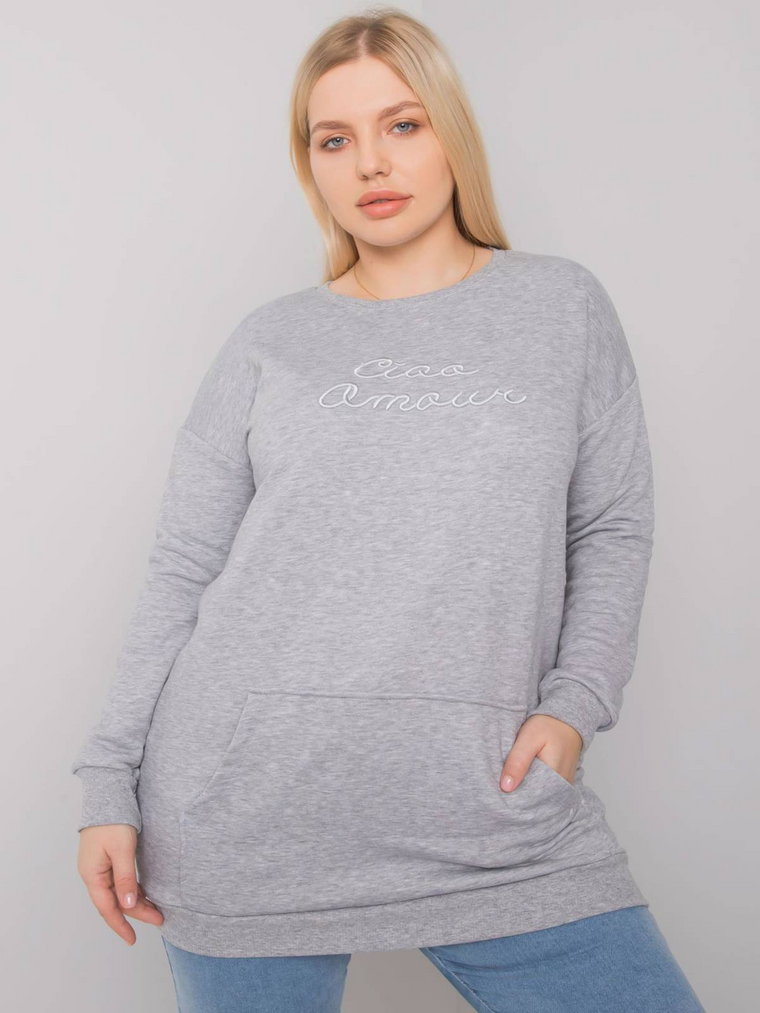 Bluza plus size szary casual bez kaptura wkładane przez głowę dekolt okrągły rękaw długi haft