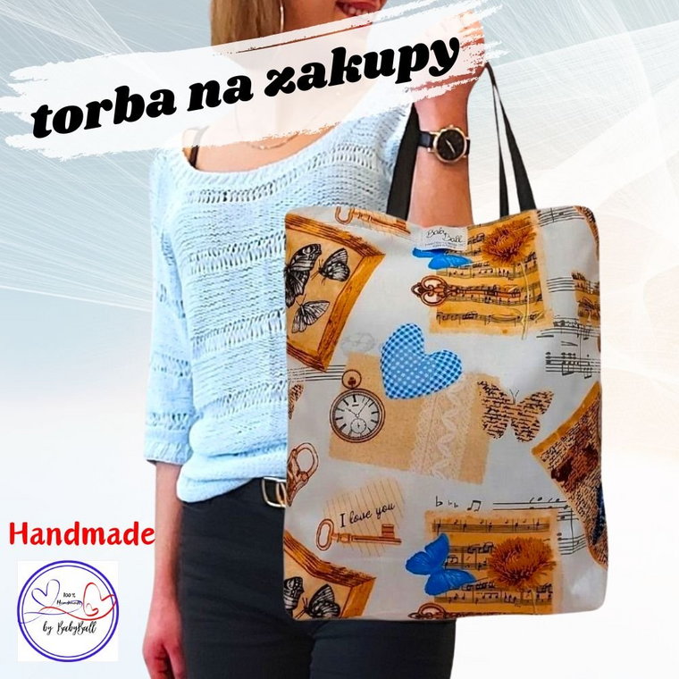 Torba na zakupy bawełniana siatka kolorowa shopperka HANDMADE - NIEBIESKIE MOTYLE