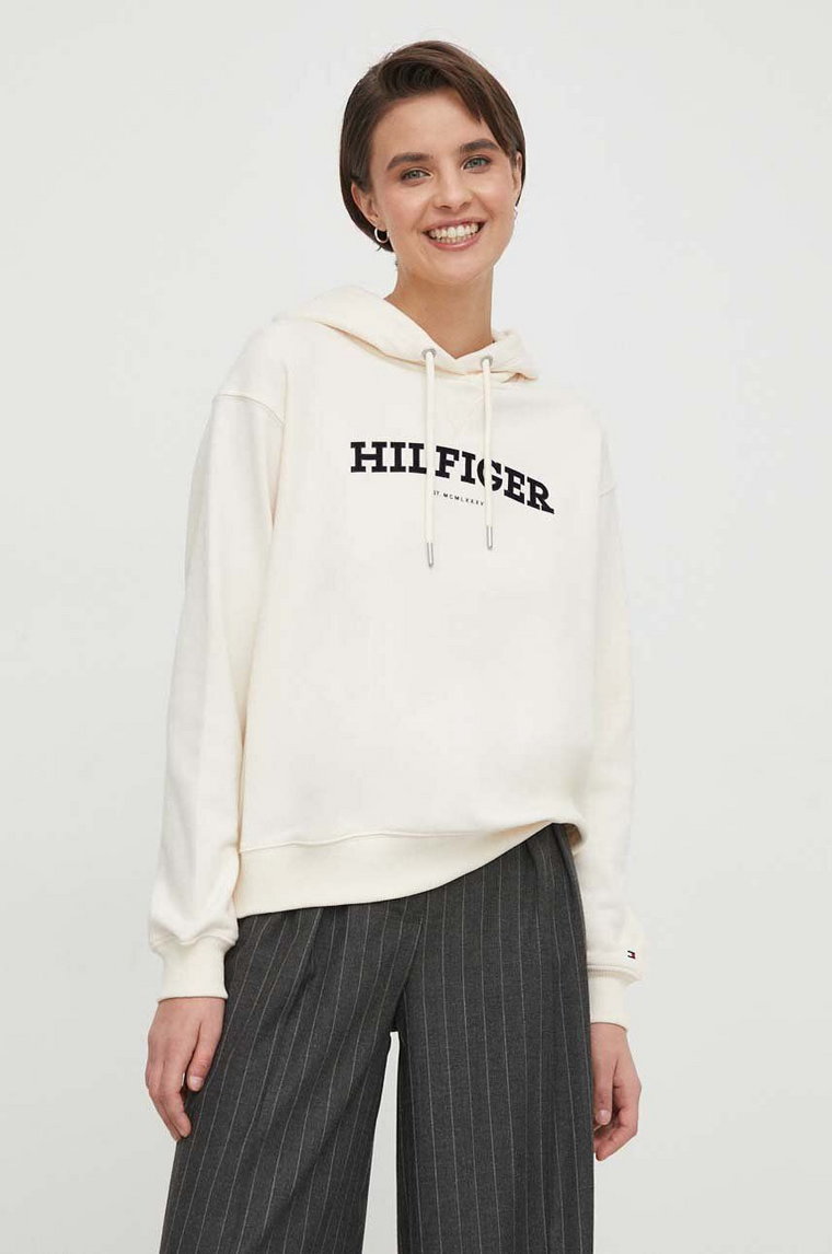 Tommy Hilfiger bluza bawełniana damska kolor beżowy z kapturem z aplikacją WW0WW41236