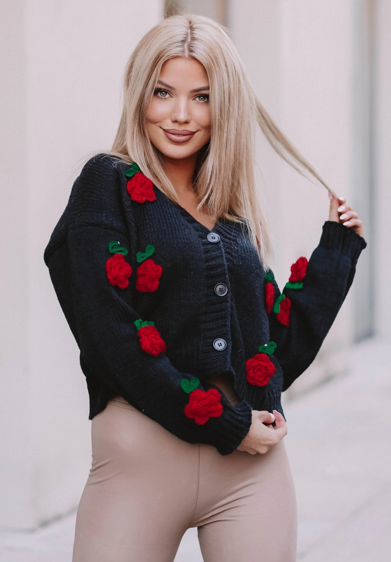 Sweter damski z kwiatkami 3D Blossom, rozpinany, czarny Jeden rozmiar