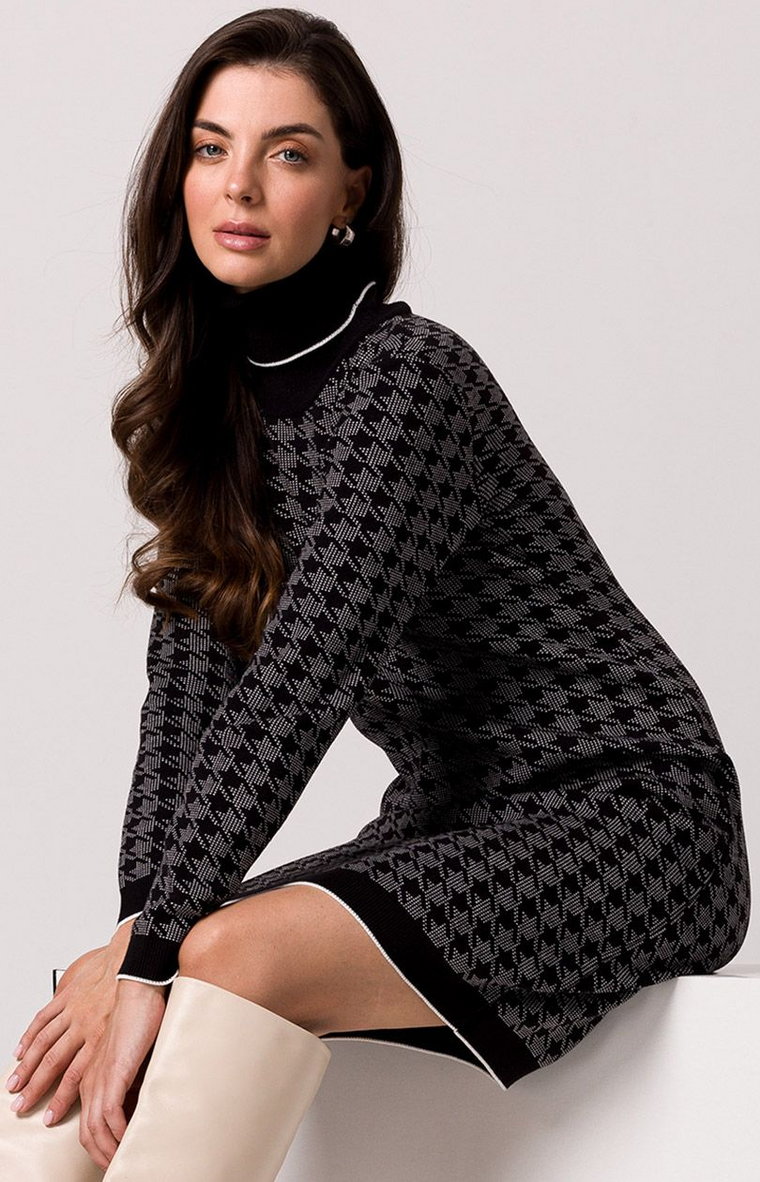 Sukienka swetrowa z golfem czarna BK103, Kolor czarny-wzór, Rozmiar L/XL, BeWear