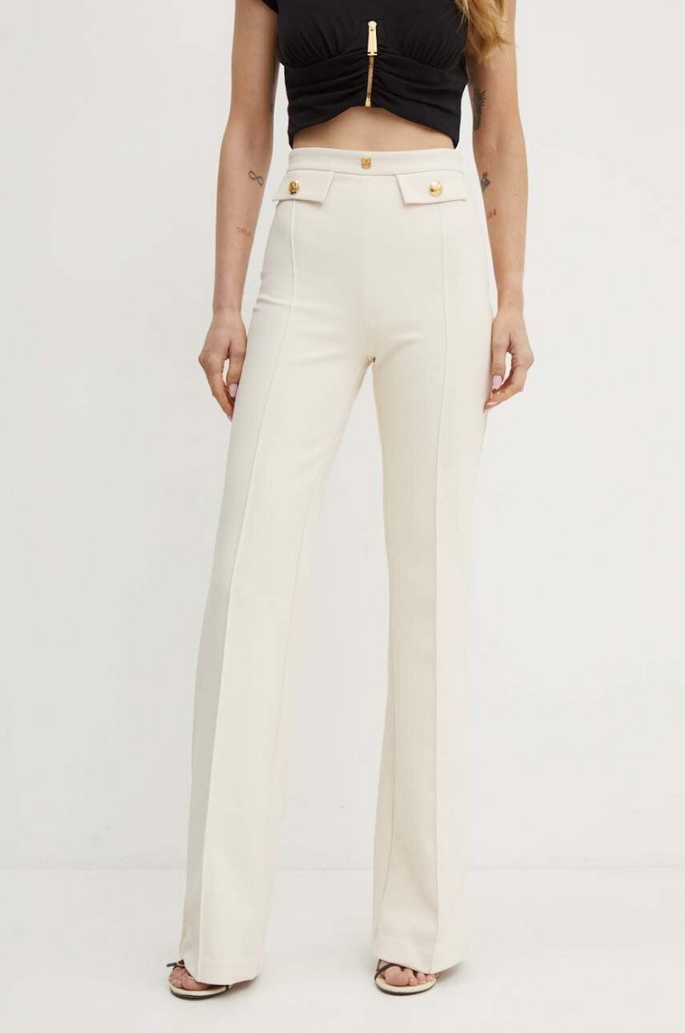 Elisabetta Franchi spodnie damskie kolor beżowy dzwony high waist PA02546E2