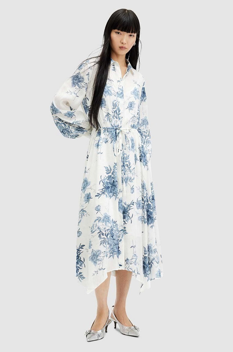 AllSaints sukienka z domieszką jedwabiu SKYE DEKORAH DRESS maxi rozkloszowana WD629Z