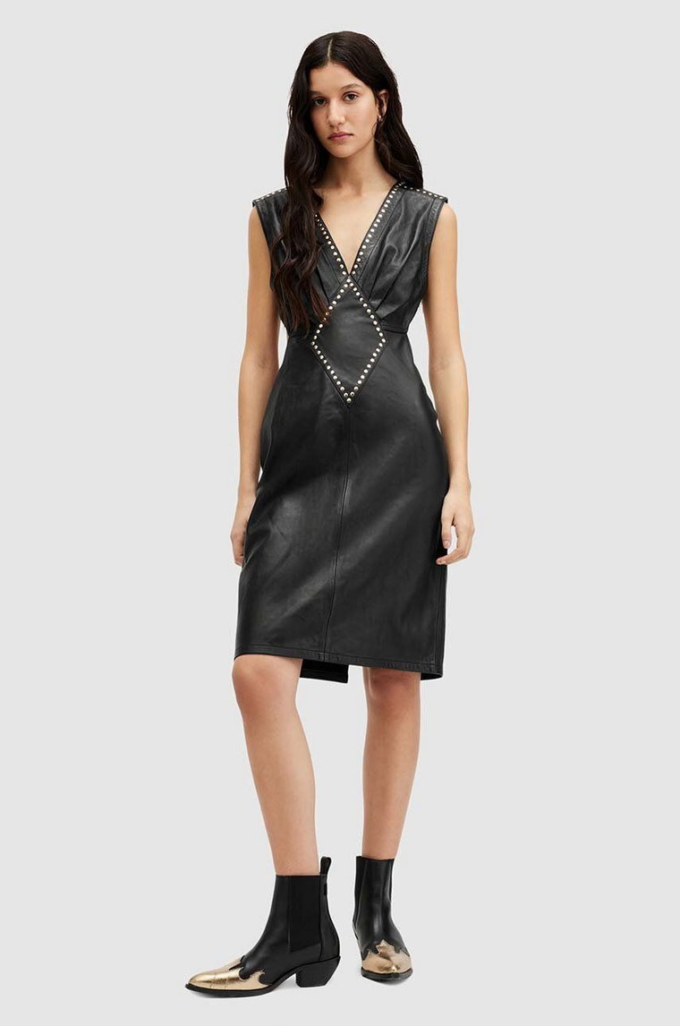 AllSaints sukienka skórzana SYLA LEA STUD DRESS kolor czarny mini dopasowana WL536Z