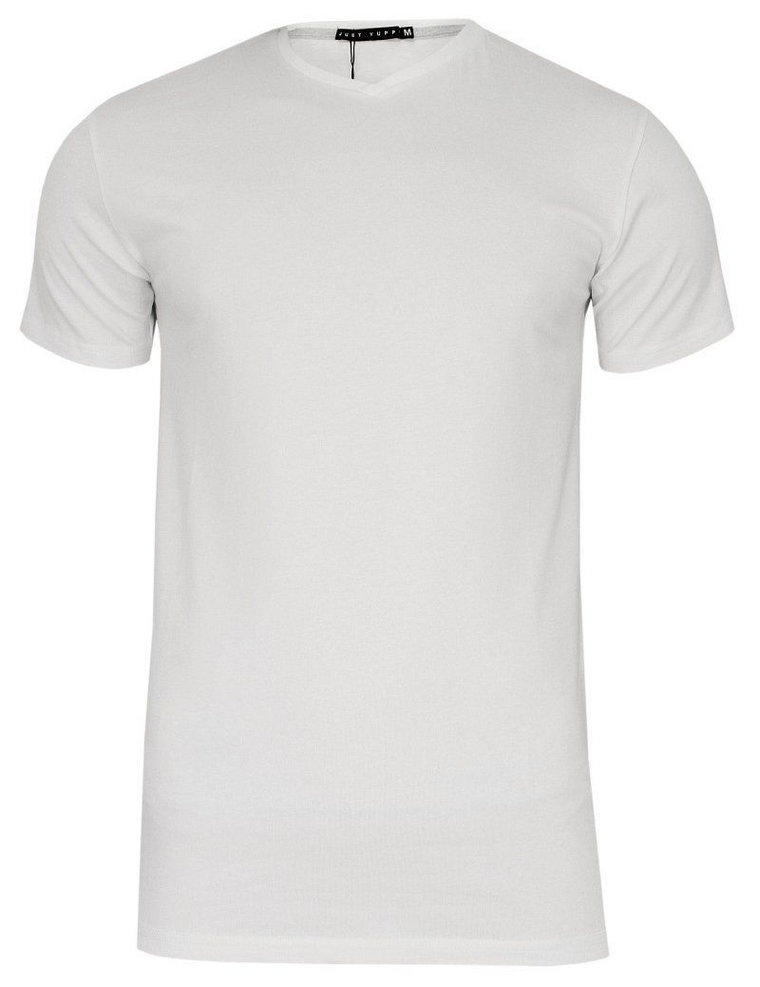 Biały Jednokolorowy T-shirt Męski, Krótki Rękaw -Just Yuppi- Koszulka, BASIC, w Serek, V-neck