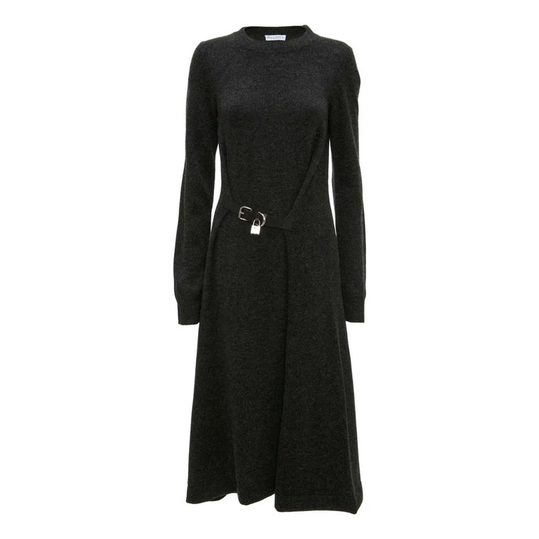 Szara Sukienka Midi w stylu A-Linii z detalami paska z kłódką JW Anderson