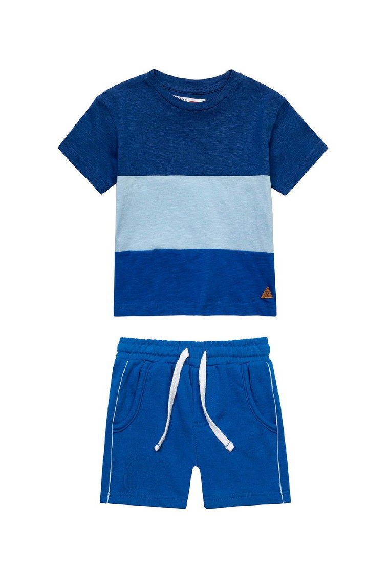 Komplet ubrań dresowych niemowlęcych- T-shirt w paski i niebieskie szorty