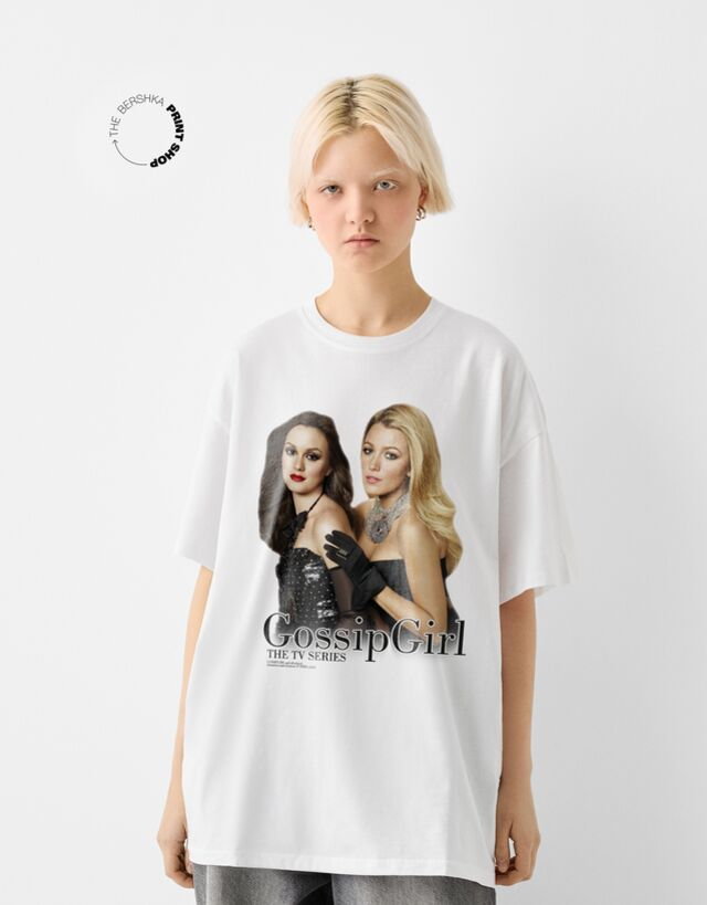 Bershka Gossip Girl  Koszulka Z Krótkim Rękawem Kobieta Xl Biały