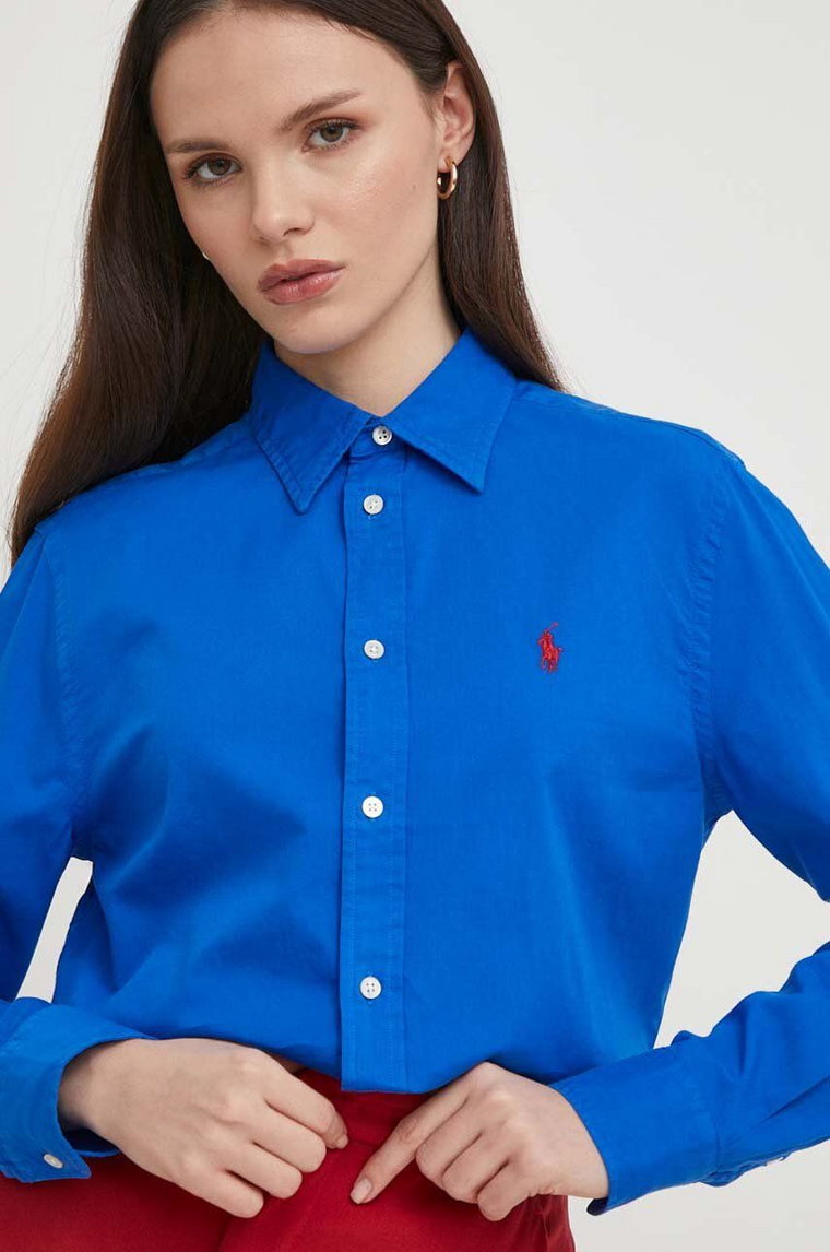 Polo Ralph Lauren koszula bawełniana damska kolor granatowy regular z kołnierzykiem klasycznym