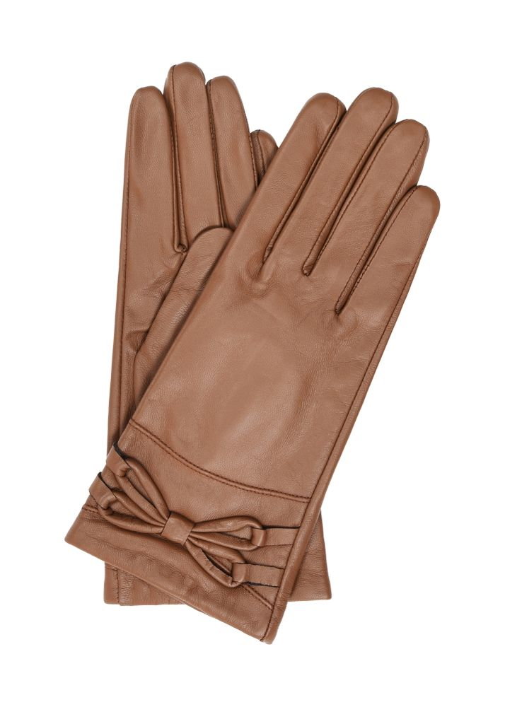 Skórzane brązowe rękawiczki damskie z kokardą