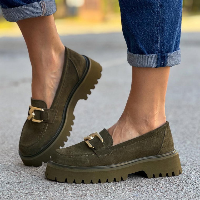 Skórzane khaki mokasyny damskie, loafersy z łańcuchem Filippo Dp4916/2