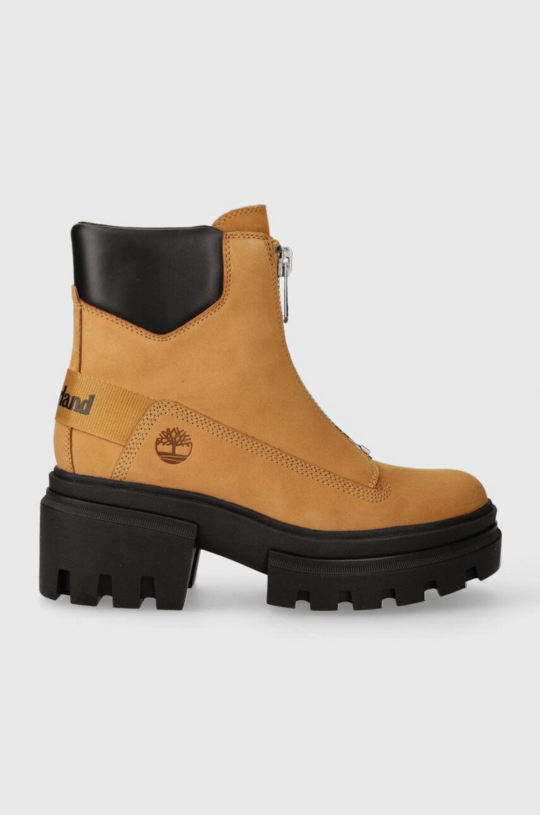 Timberland botki skórzane Everleigh Boot Front Zip damskie kolor brązowy na platformie lekko ocieplone TB0A5YHM2311