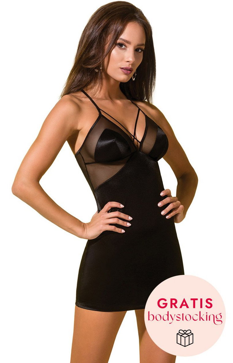 Quella koszulka nocna i stringi + PREZENT bodystocking, Kolor czarny, Rozmiar S/M, Avanua