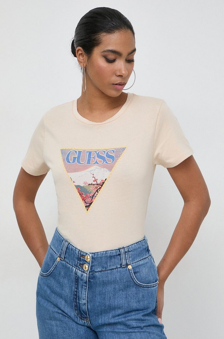 Guess t-shirt bawełniany damski kolor beżowy W4GI63 KBZV1