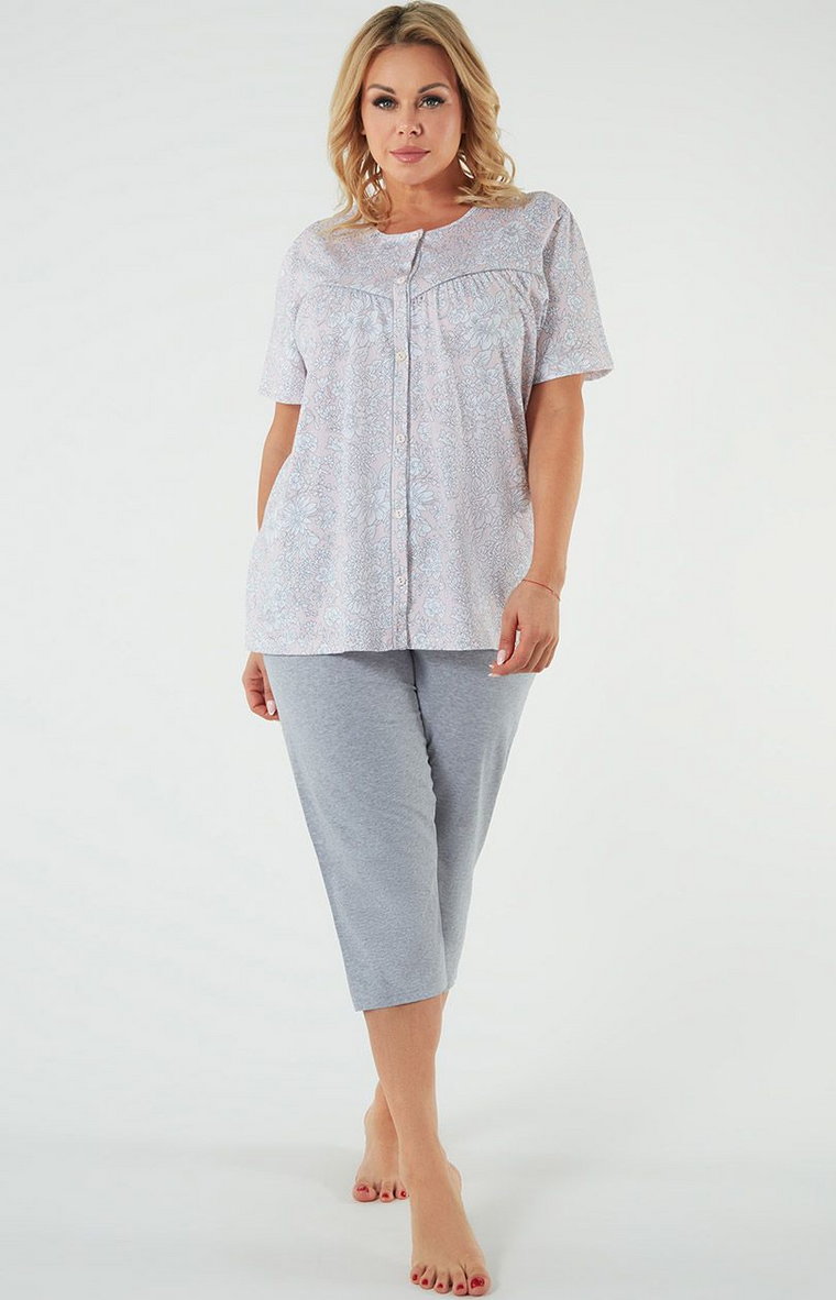 Bawełniana piżama damska rozpinana Candela, Kolor szaro-różowy, Rozmiar M, Italian Fashion