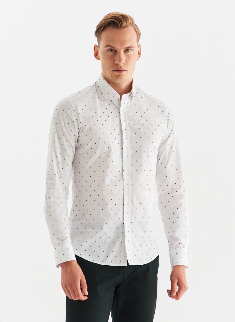 Biała koszula męska w granatowy drobny print