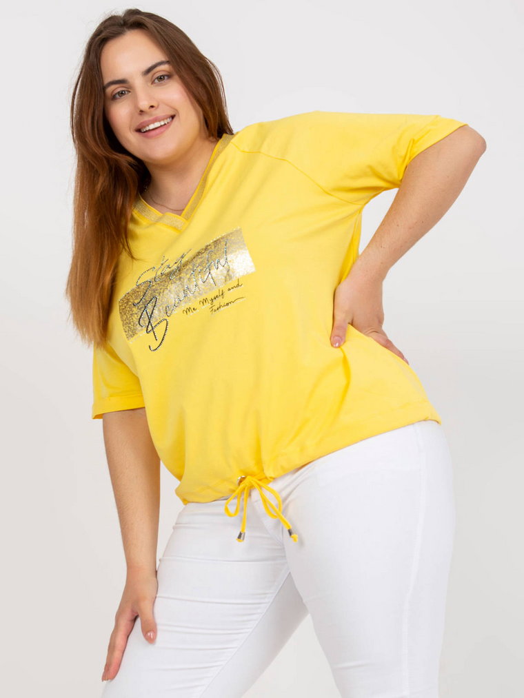 Bluzka plus size żółty casual codzienna dekolt w kształcie V rękaw krótki dżety troczki