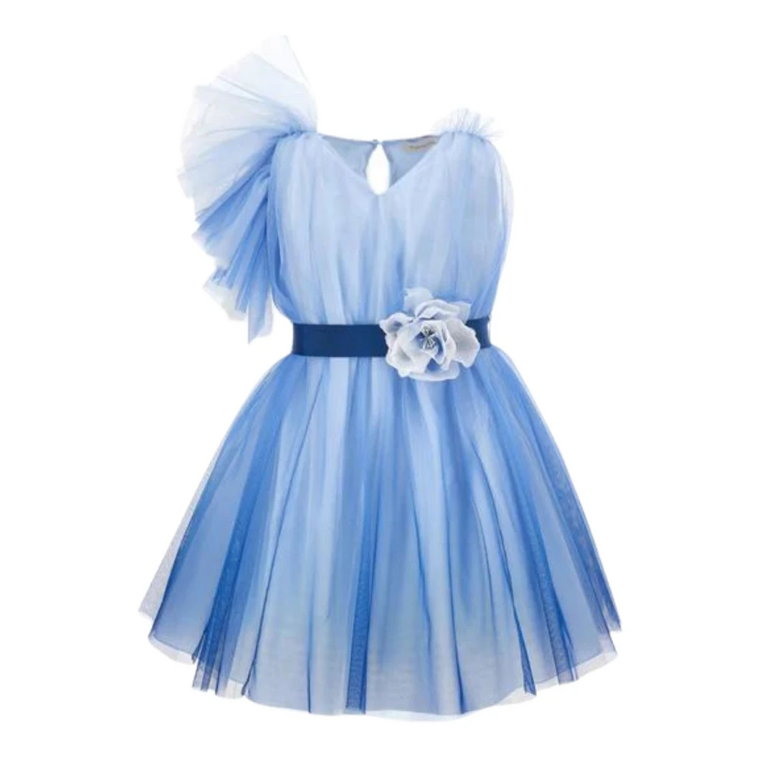 Niebieska Sukienka z Tiulu na Ramieniu Monnalisa