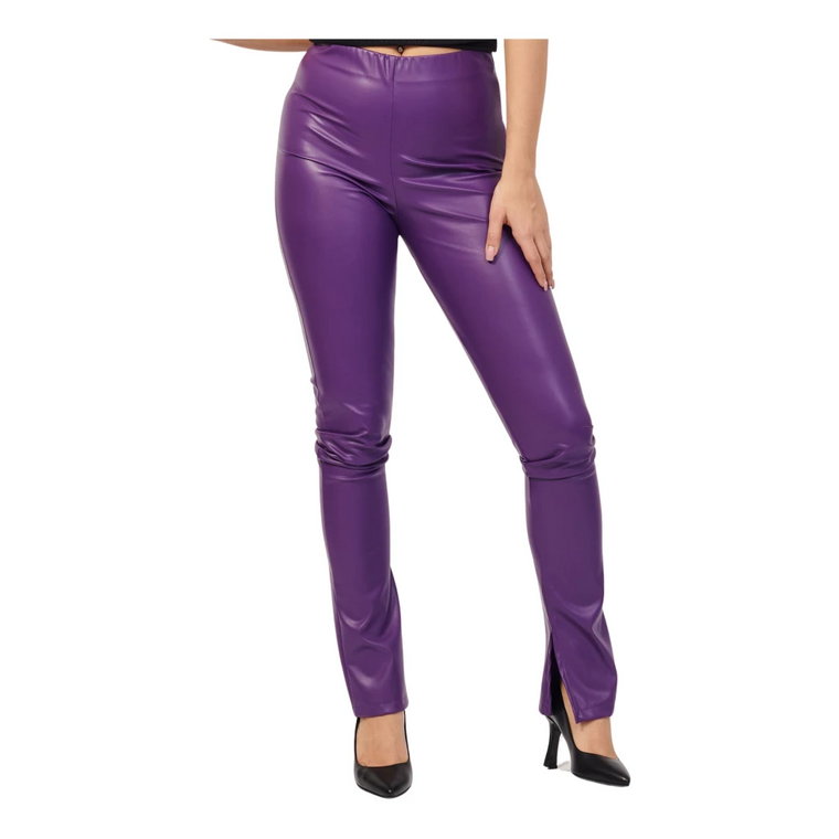 Fioletowe spodnie skórzane z elastycznym pasem i rozcięciem przy kostkach Giulia N Couture