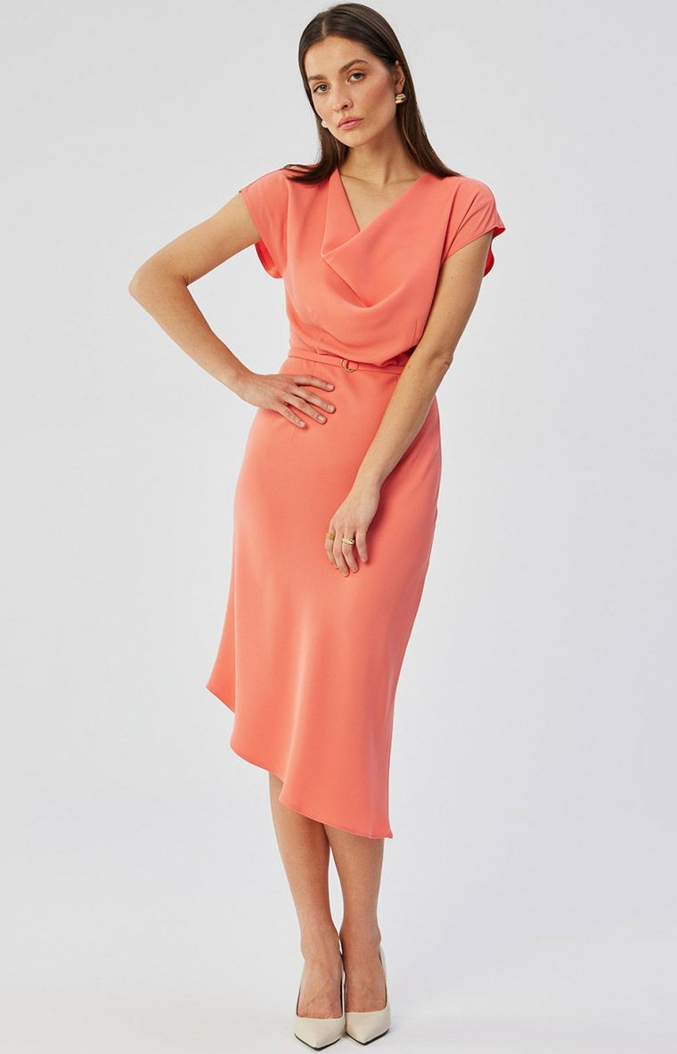 Sukienka asymetryczna z dekoltem typu woda pomarańczowa S362, Kolor pomarańczowy, Rozmiar L, Stylove