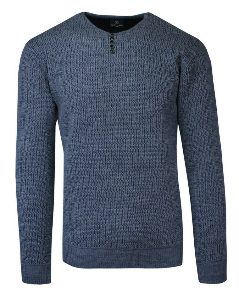 Sweter Wełniany Niebieski w Serek, z Guzikami, w Tłoczony Wzór, V-neck, Męski -VIP STENDO