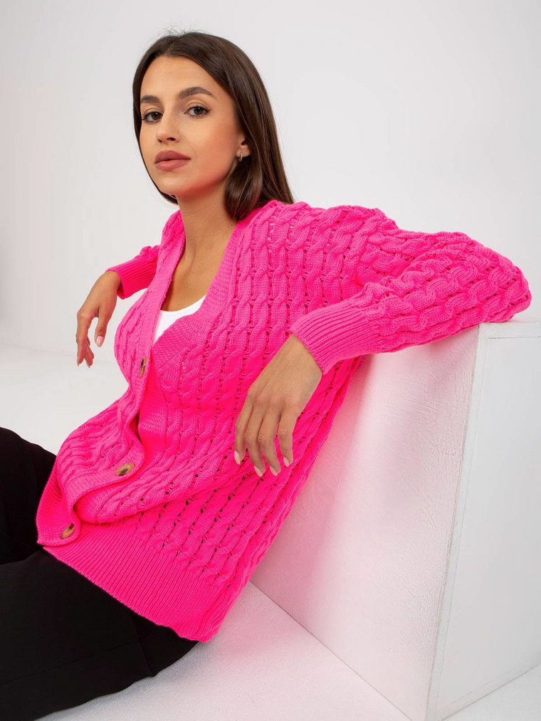 Sweter rozpinany fluo różowy casual ażurowy dekolt w kształcie V rękaw długi guziki