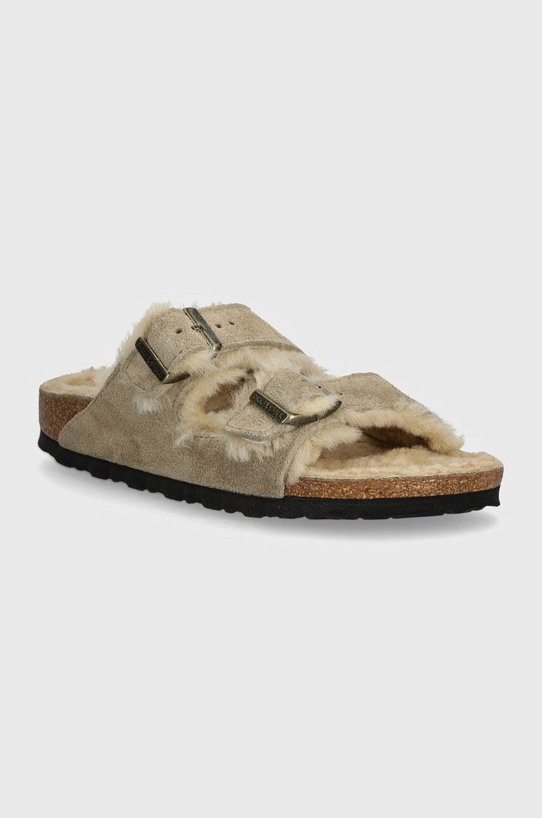 Birkenstock klapki zamszowe Arizona Shearling damskie kolor beżowy 1028293