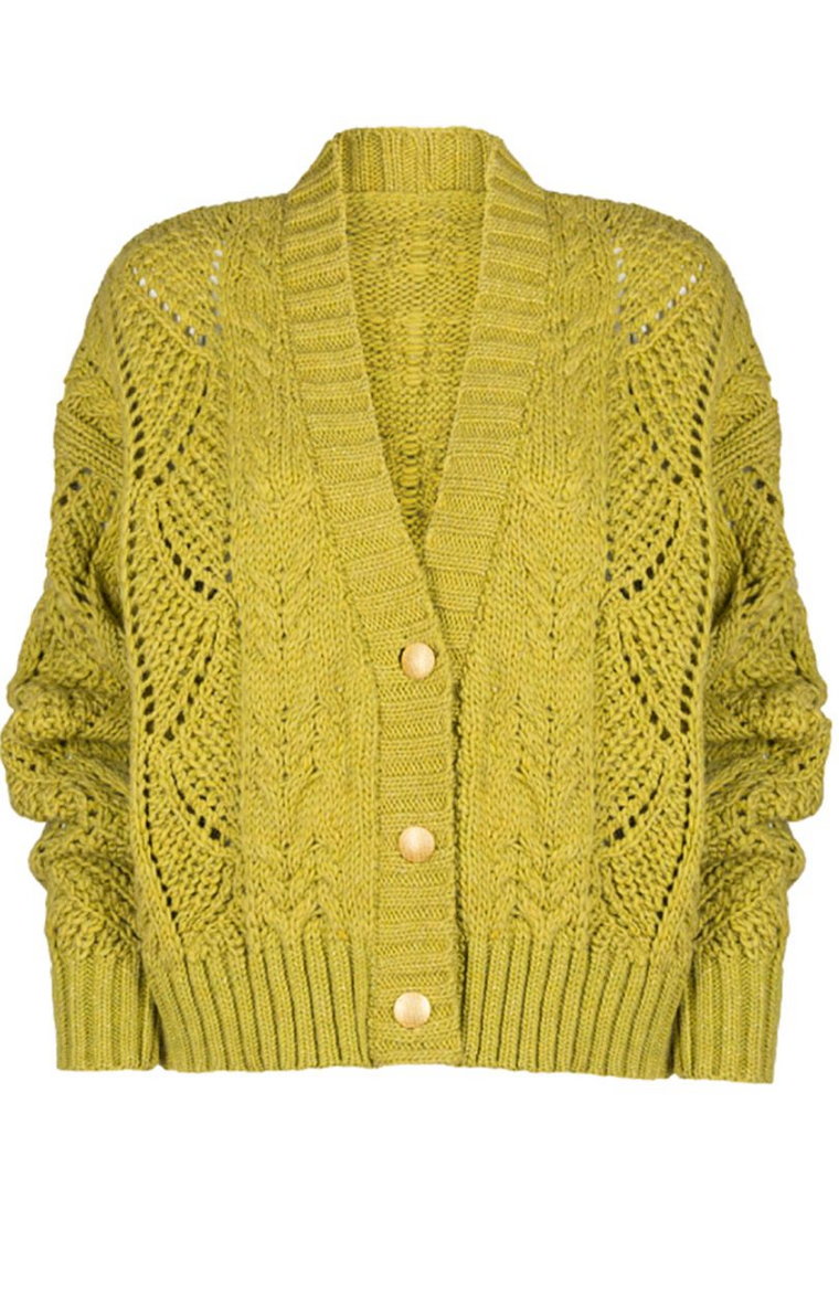 Krótki zapinany sweter w kolorze limonkowym Karmen, Kolor limonka, Rozmiar Oversize, KAMEA