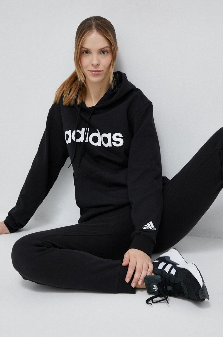 adidas bluza bawełniana damska kolor czarny z kapturem wzorzysta