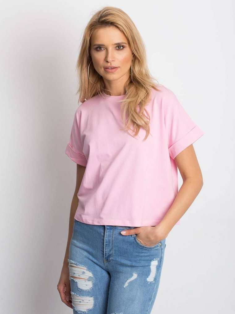 T-shirt jednokolorowy różowy casual dekolt okrągły rękaw krótki