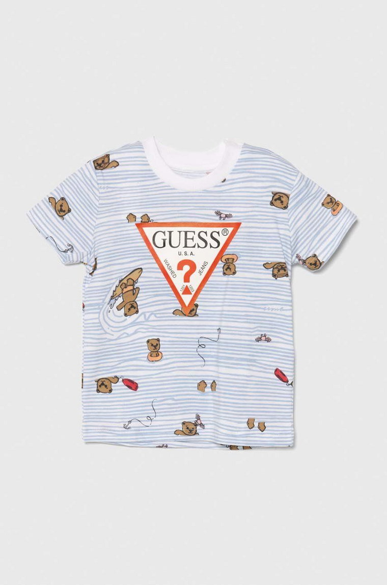 Guess t-shirt bawełniany dziecięcy kolor niebieski wzorzysty