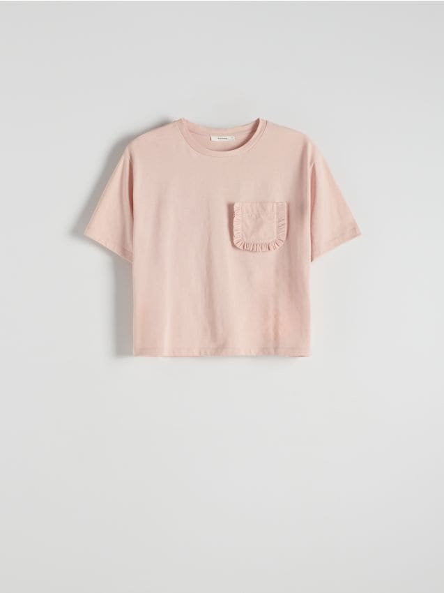 Reserved - T-shirt boxy z kieszonką - pastelowy róż