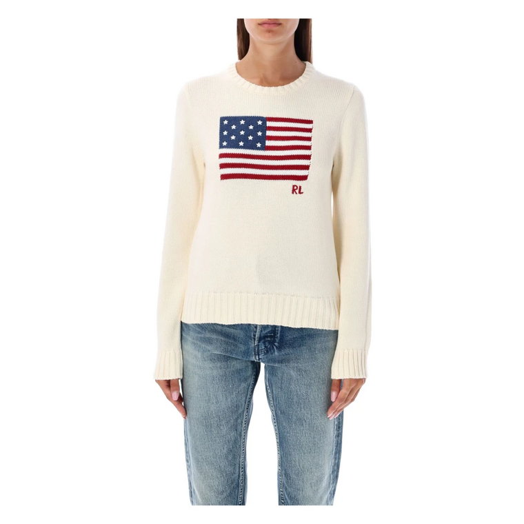 Kremowy Sweter z Haftowaną Flagą USA Ralph Lauren