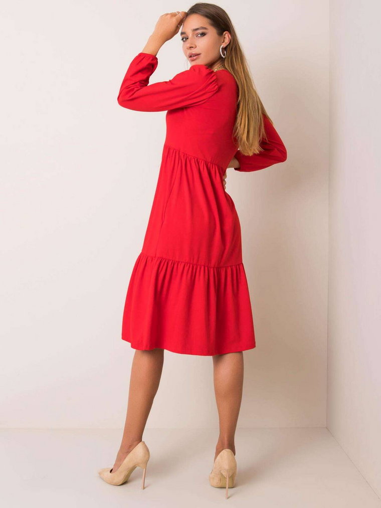 Sukienka z falbaną czerwony casual codzienna dekolt okrągły rękaw długi długość midi