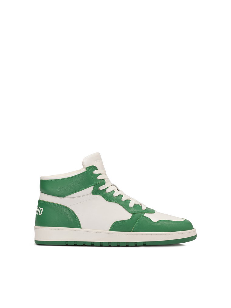Białe skórzane sneakersy z zielonymi wstawkami