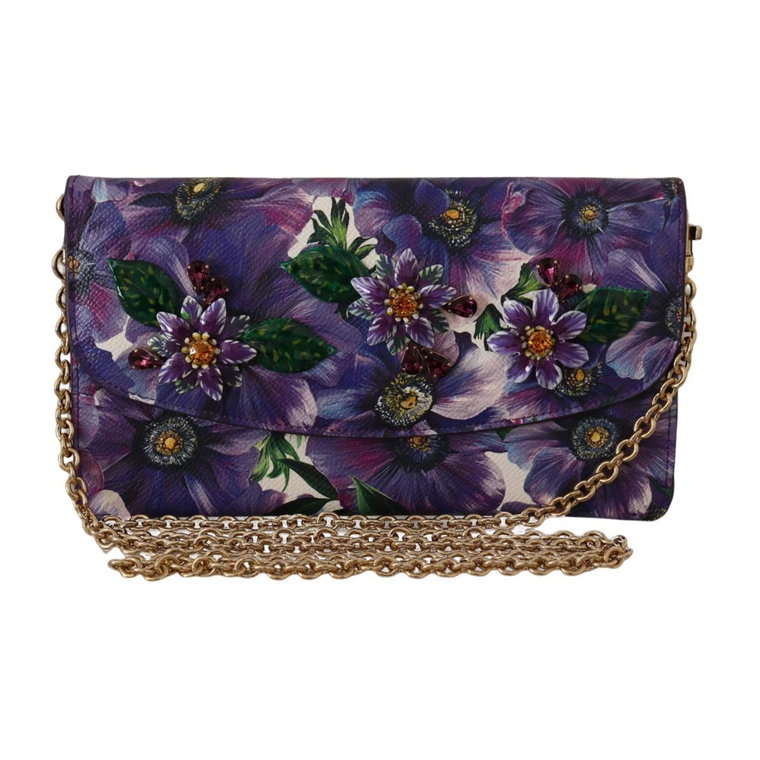 Purple Floral Leather Crystal Clutch Leather Purse Dolce & Gabbana