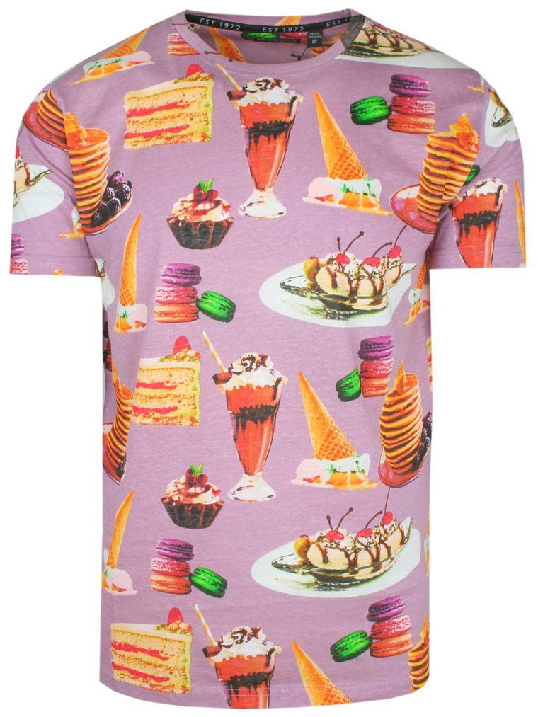 T-Shirt Bawełniany Fioletowy z Nadrukiem, Lody, Ciastka, Słodycze, Okrągły Dekolt -BRAVE SOUL