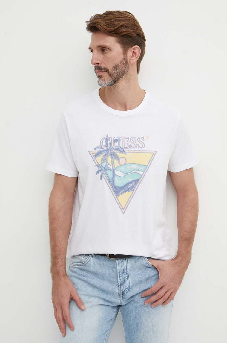 Guess t-shirt bawełniany męski kolor biały z nadrukiem M4GI16 I3Z14