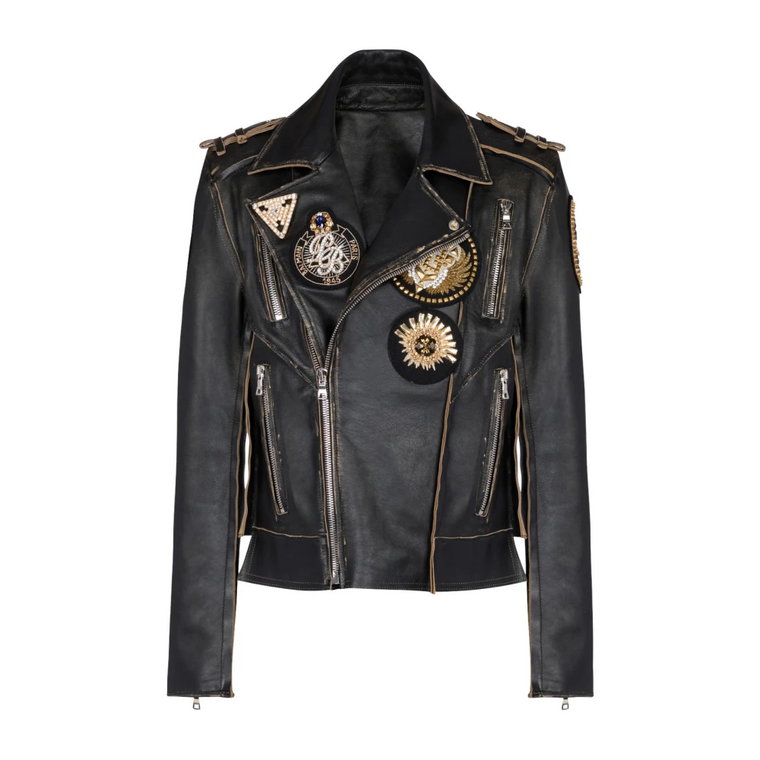 Leather biker jacket with embroidered badges Balmain