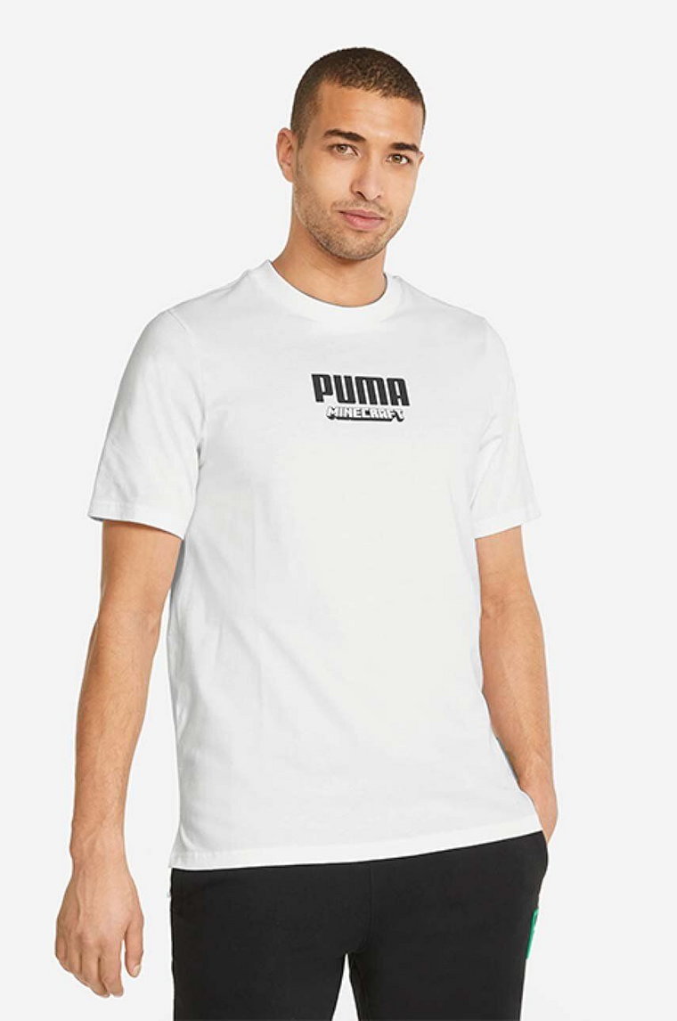 Puma t-shirt bawełniany x Minecraft męski kolor biały z nadrukiem 534374.02-BIAlY