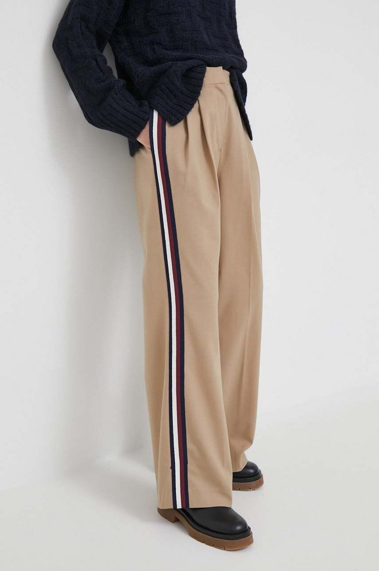 Tommy Hilfiger spodnie z domieszką wełny kolor beżowy szerokie high waist