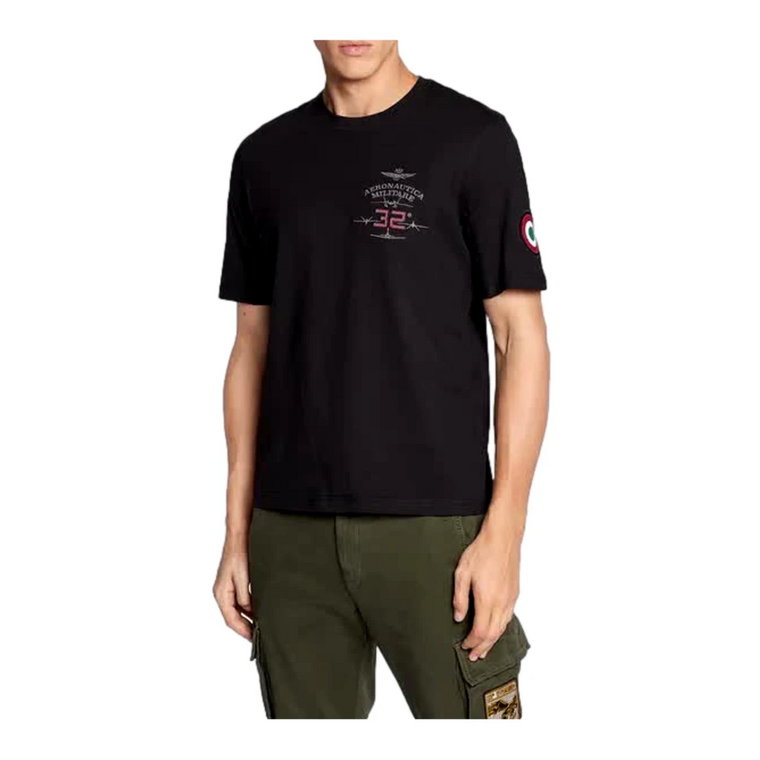 Męska koszulka z bawełny z haftem i nadrukami Aeronautica Militare
