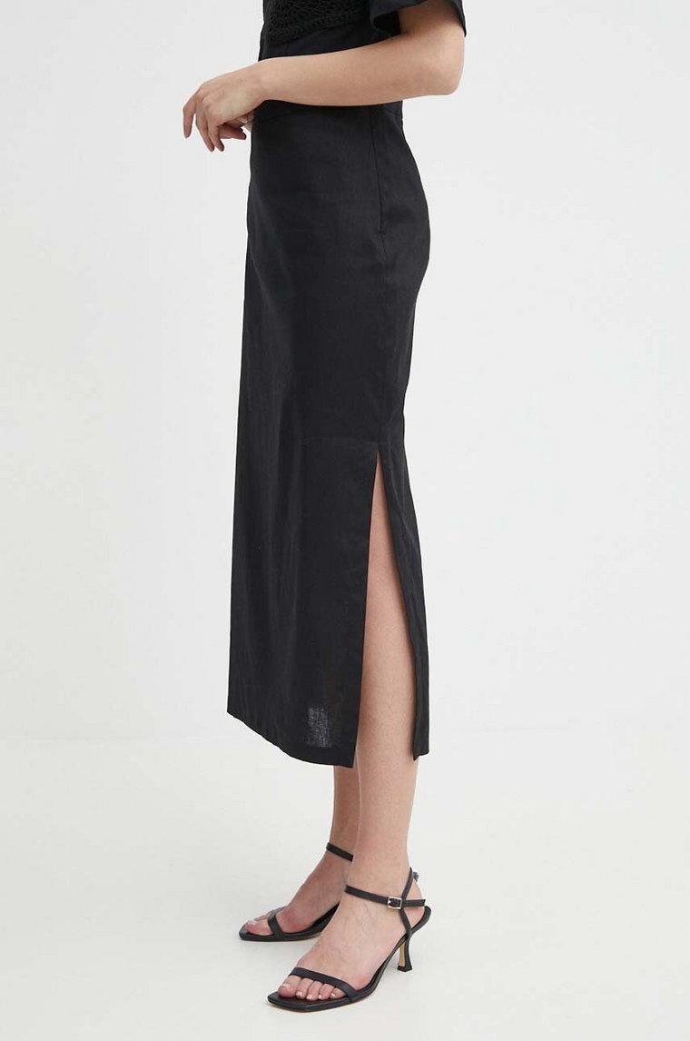 Sisley spódnica lniana kolor czarny maxi rozkloszowana